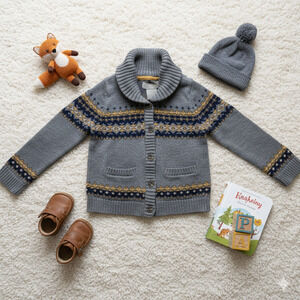 Jarvis Archer Fair Isle Cardigan – 2T – 100% Cotton • Shawl Collar • Grey/Navy